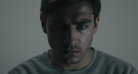 Close-up portrait of a young man with a serious expression, conveying emotions of sadness, contemplation, or worry.