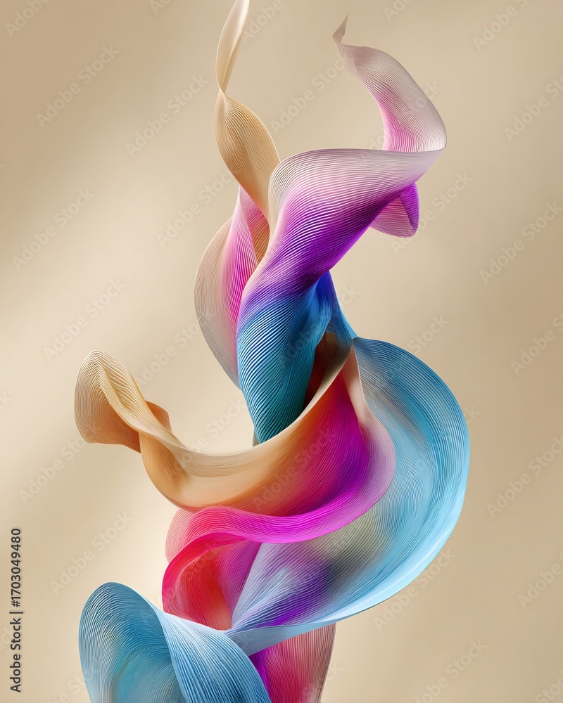 Poster abstract flowing ribbon with colorful pattern on a beige gradient background