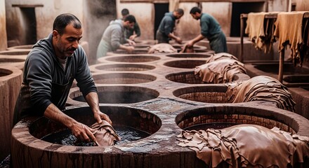 Artisanal Leather Tannery Workers Dyeing Hides in Vats.