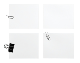 Four blank sheets of paper, each with a paperclip