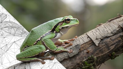 Green tree frog perched on a textured branch with abstract wireframe overlay green frog amphibian