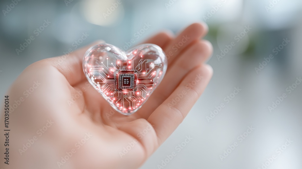 Poster a hand gently holds a transparent heart-shaped object with electronic circuitry inside, symbolizing 