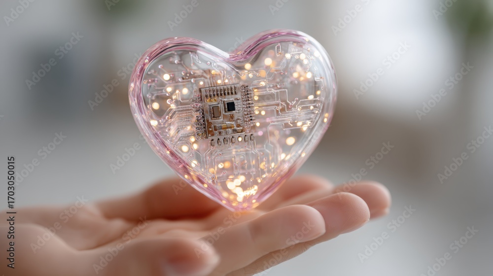 Poster a glowing transparent heart-shaped object with circuitry is held gently above an open palm, symboliz