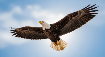 Majestic bald eagle soars through a sunny sky, wings spread wide in flight