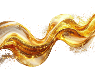 Golden liquid flowing in swirling waves, with sparkling highlights and splashes