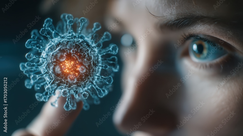 Poster a close-up of a person examining a detailed 3d model of a virus with glowing inner core, highlightin
