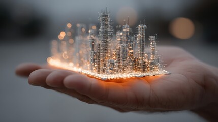 A miniature futuristic cityscape with glowing skyscrapers rests on an outstretched hand against a blurred background.