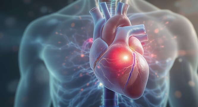 Detailed 3D Render of a Human Heart with highlighted area showing potential problem, medical illustration, healthcare, anatomy