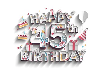 Silver metallic 45th birthday greeting with party icons