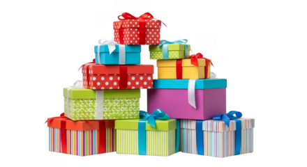 Towering stack of colorful gift boxes