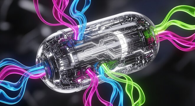 An abstract render of a technological capsule with multicolored wires emerging from its surface