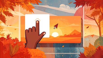 Hand clicking a button on a digital screen with an autumnal background