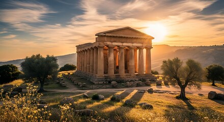 Obraz premium Ancient Greek Temple at Sunset in Sicily.