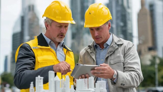 Construction Site Collaboration: Two experienced engineers, heads donned in vibrant yellow helmets, lean into a tablet for collaborative review on site.