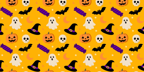 Halloween themed seamless pattern featuring pumpkins, ghosts, bats, candy, skulls, and witch hats on a yellow background.