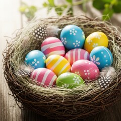 Festive easter basket with vibrantly colored eggs on a wooden surface