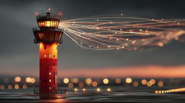 A red airport control tower at dusk emits dynamic light trails symbolizing communication and air traffic management against a blurred cityscape backdrop.