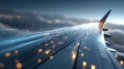A futuristic, digitally enhanced airplane wing in flight, showcasing dynamic light trails and data streams against a cloudy sky.
