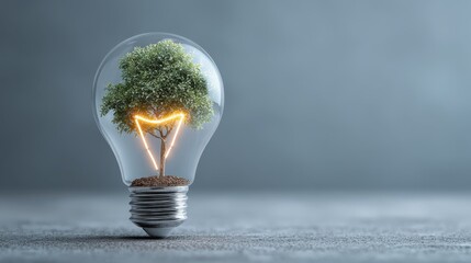 A small tree growing inside a glowing light bulb represents eco-friendly innovation and sustainable energy concepts.
