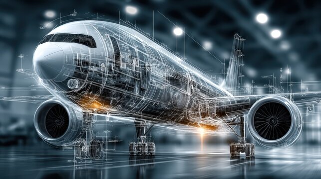 A digital wireframe model of a commercial airplane is shown in a futuristic, high-tech setting, illustrating advanced aviation design and engineering.
