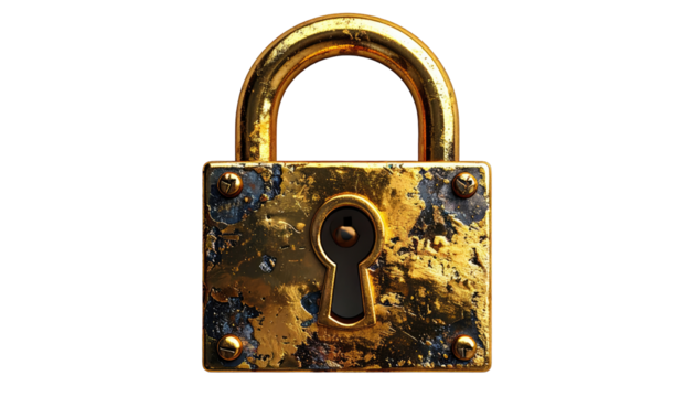Golden padlock, aged, showing signs of wear