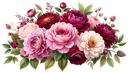 Detailed floral arrangement featuring vibrant pink, burgundy, and cream blossoms
