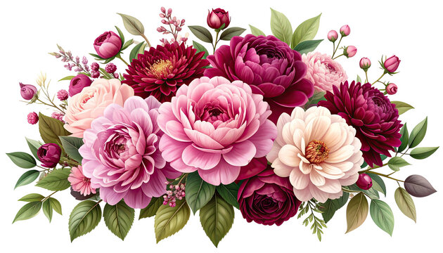 Detailed floral arrangement featuring vibrant pink, burgundy, and cream blossoms