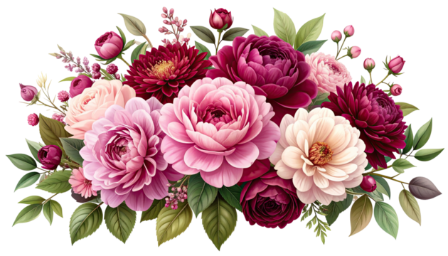 Detailed floral arrangement featuring vibrant pink, burgundy, and cream blossoms
