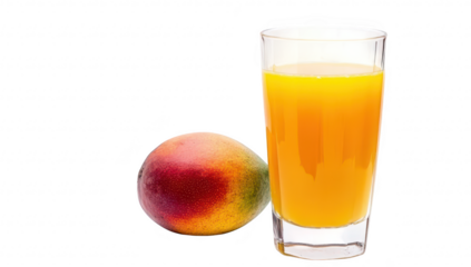 A refreshing glass of bright orange mango juice sits beside a ripe mango on a clean white background. highlighting the colors and natural freshness. perfect for food photography or beverage advertisem