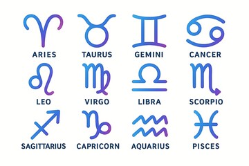Illustration showing the twelve zodiac signs: Aries, Taurus, Gemini, Cancer, Leo, Virgo, Libra, Scorpio, Sagittarius, Capricorn, Aquarius, and Pisces.
