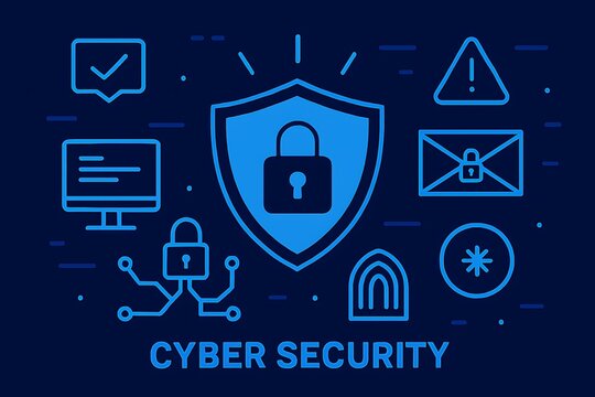 Cybersecurity protection:  A digital shield safeguards data, privacy, and online security with various security icons.