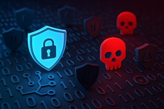 Digital security concept featuring a glowing shield, skull icons, and binary code.