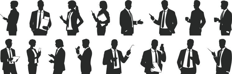 Business people silhouette vector set, professional office workers, corporate team icons, smart dressed men and women, business communication concept.