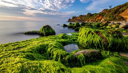 Coastal rocks covered in vibrant green seaweed at sunrise