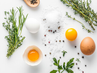 Fresh eggs, herbs, and seasonings arranged artistically on a white surface.