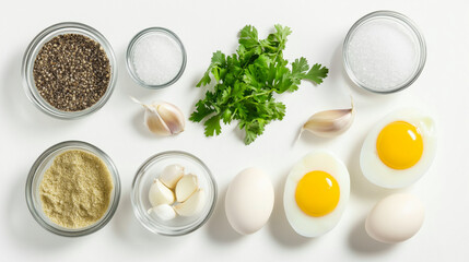 Ingredients for a fresh and savory meal on a white surface.
