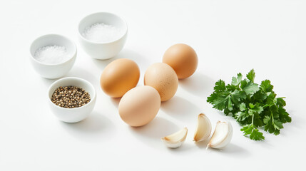 Fresh eggs with herbs, salt, pepper, and garlic on a white background.