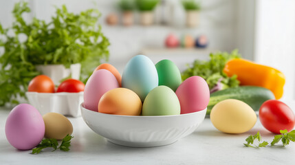 Colorful Easter eggs in a bowl surrounded by fresh vegetables.