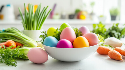 Vibrant Easter eggs in a white bowl surrounded by fresh vegetables.