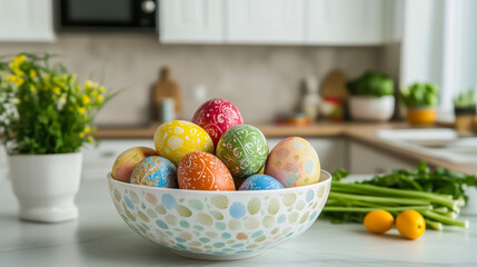 Colorful Easter eggs in a decorative bowl on a kitchen counter.