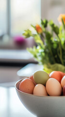 Pastel eggs in a bowl with fresh flowers in a softly lit kitchen setting.