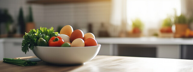 Fresh eggs and vegetables in a bowl on a sunlit kitchen countertop.