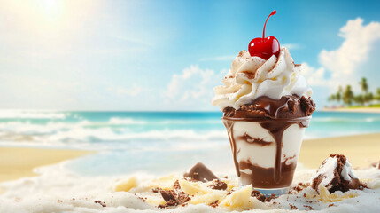 Delicious sundae with whipped cream and cherry on a sunny beach.
