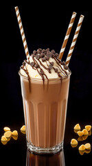 Delicious chocolate milkshake topped with whipped cream and chocolate chips.