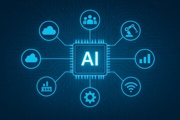 Artificial intelligence concept: AI lettering on a chip connected to cloud, industry, team, robot, settings, wifi, and chart icons.