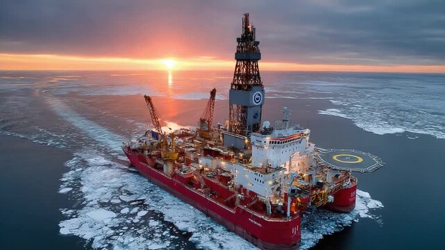 Ocean Vessel at Sunset: A colossal offshore vessel stands defiant amidst the icy expanse of the ocean, silhouetted against the fiery embrace of a sunset.