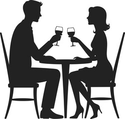 Romantic couple having dinner, man and woman drinking wine, date night vector illustration, love, relationship, dining, silhouette, celebration design