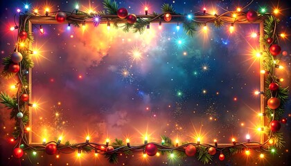 Christmas lights frame, starry night sky background