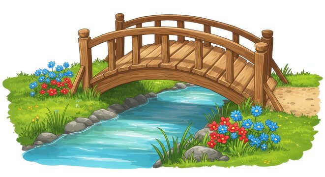 Charming cartoon style wooden bridge spanning a serene river, surrounded by vibrant green grass and colorful spring flowers, creating a peaceful natural scene illustration