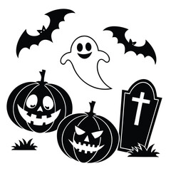 Fototapeta premium Black Silhouette Halloween Icons Including Two Bats Ghost Two Pumpkins and Tombstone vector illustration